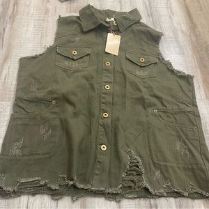 Entro Olive Green Denim Button-Up Collared Distressed Vest Large